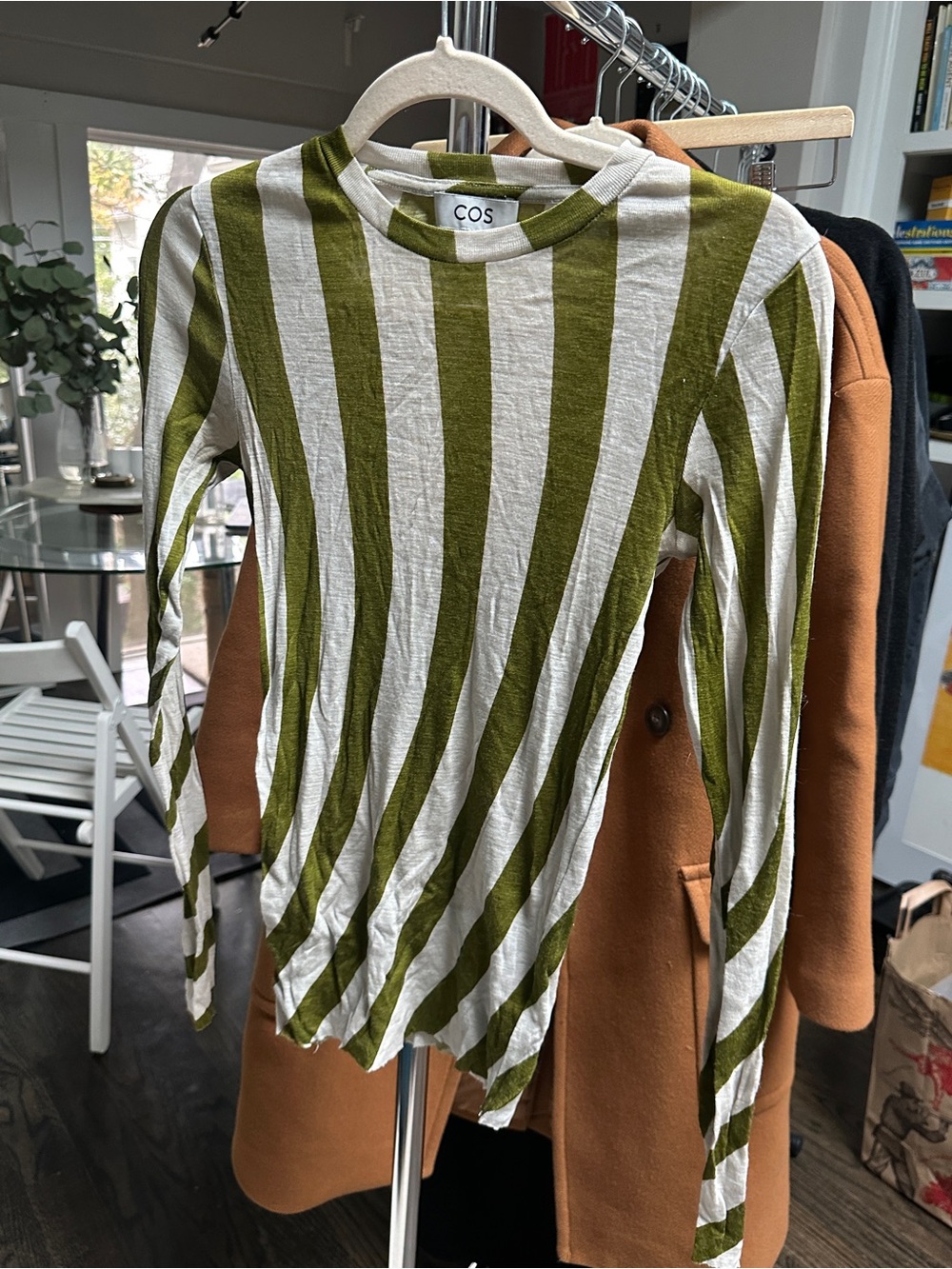 COS Olive Green and Cream Striped Long-Sleeve Tee